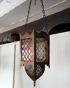 Lantern Pendant Middle Eastern Pierced copper Ceiling Hanging Light Vintage - Picture 1 of 7