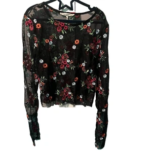 Urban Outfitters black mesh floral long sleeve cropped sheer top Y2K Size SP - Picture 1 of 6