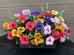 Planter Artificial Flowers Spring Pansies Plants Rectangular Pot Anemones Garden - Picture 1 of 12