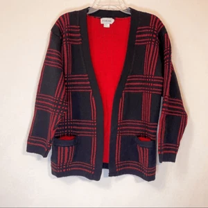 Vintage JH Collectibles Open Plaid Wool Black & Red Cardigan - Picture 1 of 8