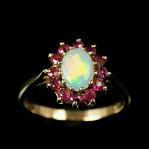 Natural Fire Opal  Red Ruby Engagement Ring3Ct Oval Cut 14K Yellow Gold Plated - Picture 1 of 6