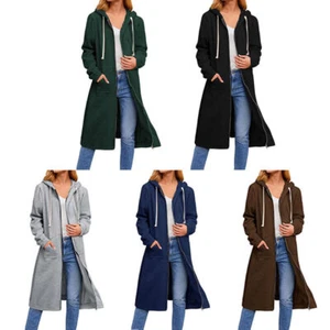 Women Ladies Long Hooded Hoodie Zip Up Pocket Jumper Fleece Coat Sweatshirt Tops - Picture 1 of 16