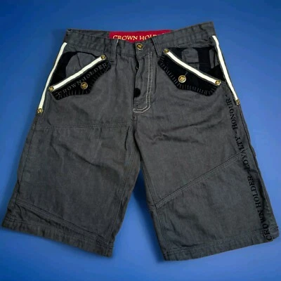 Pantalones Cortos de Jean Crown Holder Denim Para Hombre 36 Negro Terciopelo Solapa Pkts Y2K Pantalones Cortos Rap Y2K Foto 1 de 4