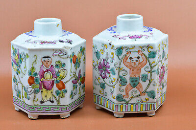 Antique, Chinesse, Pair , Porcelain Tea Caddies , 5.5 Inches Tall • 190.80$