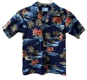 RJC Hawaiian Aloha Button Down Shirt Kids 10 Short Sleeve Hawaii USA Navy Blue - Picture 1 of 5