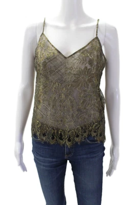 Blusa sin mangas BCBGMAXAZRIA para mujer metálica floral de encaje cuello en V dorada talla S Foto 1 de 4