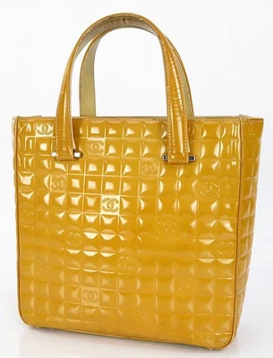 Authentic CHANEL Beige Chocolate Bar Patent Leather Tote Hand Bag #61657 - Image 1 of 4