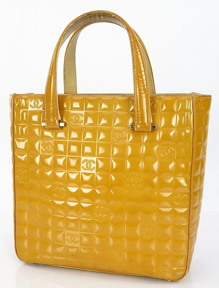 Authentic CHANEL Beige Chocolate Bar Patent Leather Tote Hand Bag #61657 - Image 1 of 4