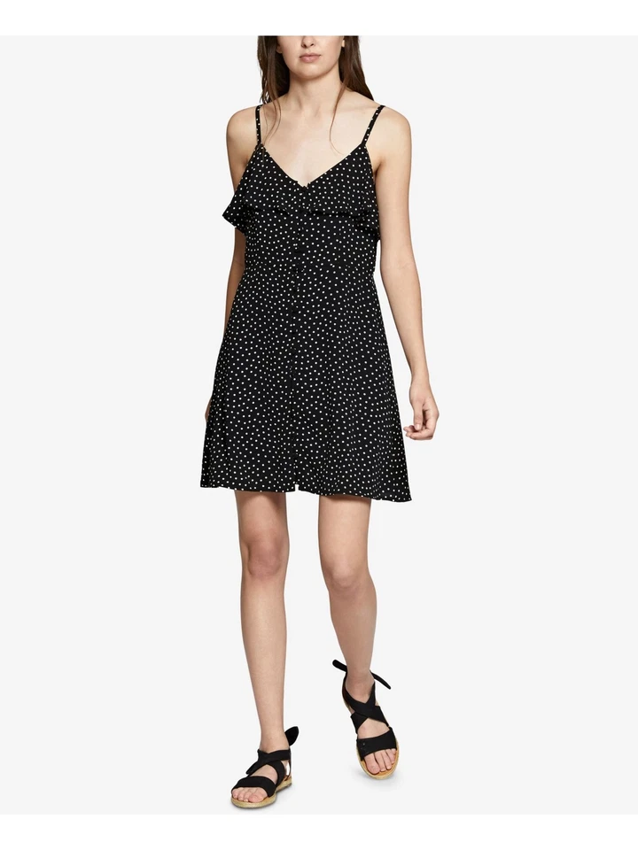 Sanctuary Womens Black Polka Dot Ruffled Spaghetti Strap Sheath Dress S