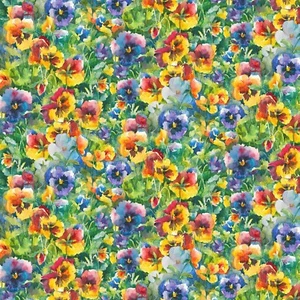 Flores de tela bonitos pensamientos sobre hierba todo algodón 1/4 yarda 10374X - Imagen 1 de 6