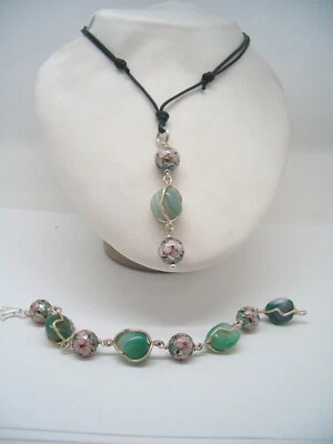 Parure composta da ciondolo e braccialetto in Agata e CLOISONNE - Argento 925 - - Immagine 1 di 4