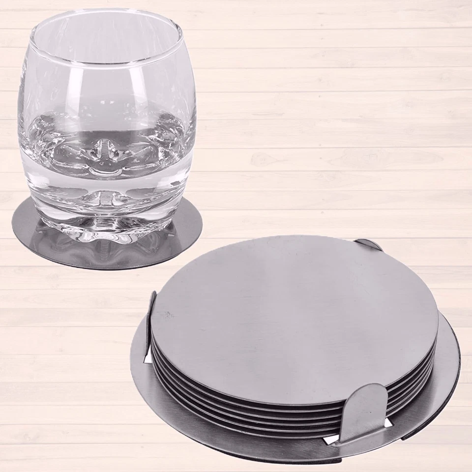 ENVENZO Coasters Round With Holder Cup Coasters Silver Stainless Steel Round Set of 7