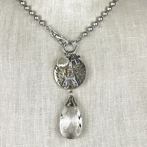 Paris Eiffel Tower Pendant Crystal Dangle Ball Chain Silver & Gold Tones 25.5" - Picture 1 of 5