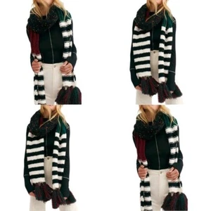 Free People Nova Streifen Grobstrick Quaste Schal schwarz weiß grün weinrot - Bild 1 von 12
