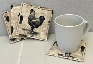 Country Farm Barn Animal Chicken Beige Black Drink Coasters Mug Rug Set of 4 - Picture 1 of 3