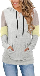 Women'S Casual Drawstring Pullover Tunic Top Long Sleeve Color Block Hoodie Swea - Picture 1 of 12