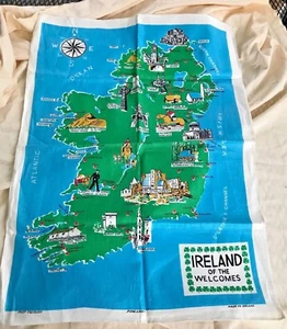 Vintage Ireland Tea Dish Towel Ireland Welcomes Map Print 100% Linen - Picture 1 of 7