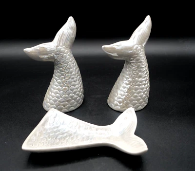 Mermaid Tail Pearlized Ceramic Figurine Set  Gray Shelf Decor Fantasy 5" - Image 1 of 4