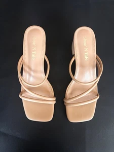Sandalias de tacón beige con tiras punta cuadrada zapatos sin cordones para mujer de ShoeN Tale talla 6 - Imagen 1 de 7