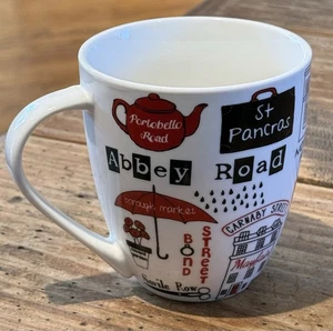 "Taza James Sadler London Life cerámica BLANCA 4,25"" de alto ROJO Y NEGRO gráficos usada en excelente estado" - Imagen 1 de 8