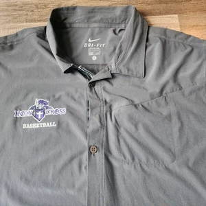 NIKE DRI FIT HOLY CROSS BASKETBALL BUTTON DOWN SHIRT MENS LARGE BLACK LIGHT EUC! - Picture 1 of 10