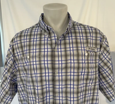 COLUMBIA PFG OMNI-SHADE XXL Para hombres S/S Camisa Poliéster Ventilada Púrpura Gris A Cuadros Foto 1 de 4