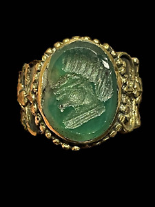 ANCIENT ROMAN BRASS RING WITH AGATE GREEN STONE INTAGLIO SEAL (3)
