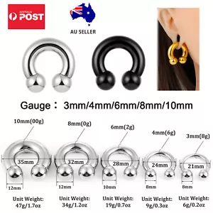 8G-00G Large Gauge Steel Horseshoe Circular Barbell Septum Nose Ring Piercing AU - Picture 1 of 17