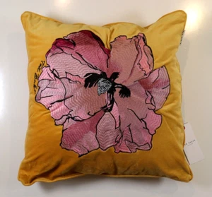 TED BAKER ART PRINT FLORAL EMBROIDERED GOLD VELVET CUSHION - 45X45CM - Picture 1 of 21