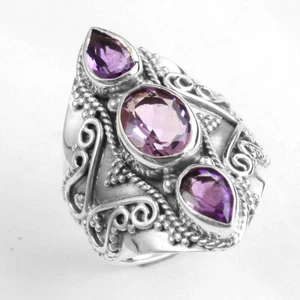 AMETHYST Gemstone Ring Size 8 925 Solid Sterling Silver Singles Day Jewelry - Picture 1 of 2