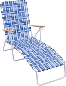 4-Position Folding Web Lawn Chair Beach Lounger, Blue/White - Picture 1 of 3