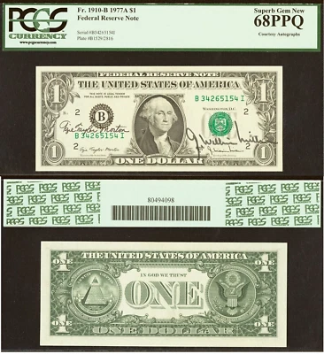 1977A $1 FRN - PCGS 68PPQ - Top Pop 1/0 Finest - Dual Autographs Morton/Miller - Image 1 of 4