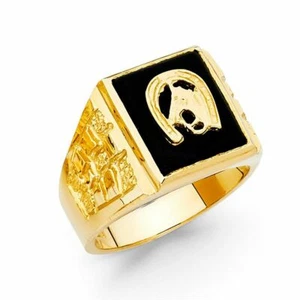 Men's Onyx Horse Shoe 14k Yellow Gold Band Herradura Ring Caballo Oro Anillo - Picture 1 of 1