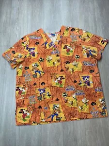 Disney Women Scrub Top XL? Orange Halloween Holiday Tricky Mickey - Picture 1 of 6