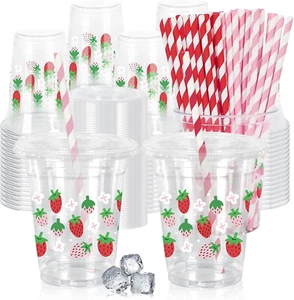 50Pcs 12Oz Strawberry Floral Plastic Cups with Lids & Straws Pink Red Strawberry - Picture 1 of 7