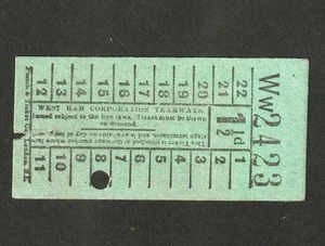Billete de tranvía vintage West Ham Corporation inglés 1 1/2d - Imagen 1 de 2
