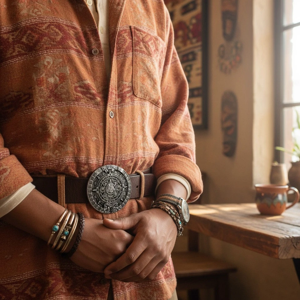 Hombres Moda Hebilla Cinturón Plata Oscura Metal Moda Occidental Calendario Azteca Maya Foto 1 de 4