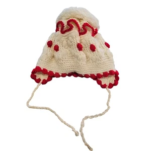 Vintage Little Girls Sz S Red and White Winter Beanie Hat Crochet - Picture 1 of 4