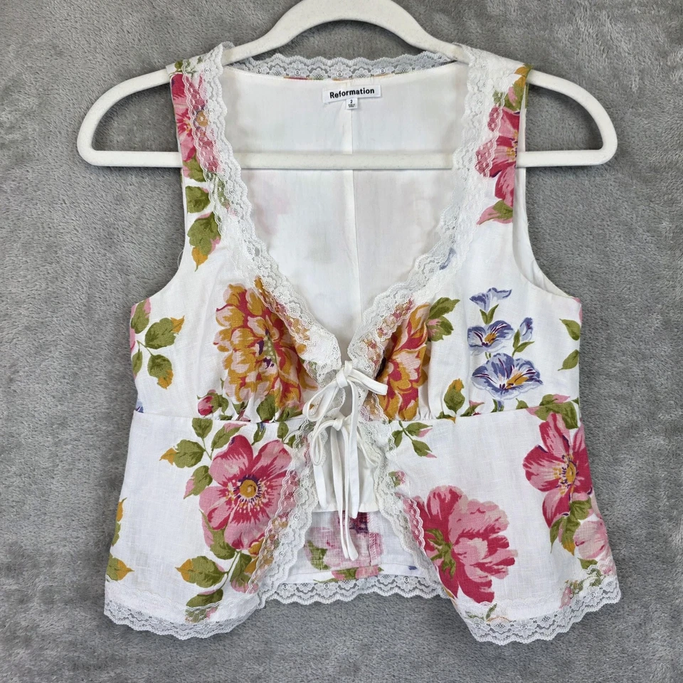 Top Reformation para mujer 2 blanco floral lino encaje ribete corbata frontal sin mangas Foto 1 de 4