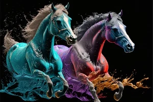 Canvas Art Teal Blue Horses Colourful Abstract Wall Picture Poster Print - Picture 1 of 22