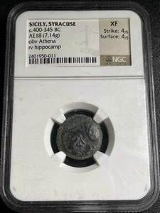 SICILIA, SIRACUSA Moneta C. 400-345 a.C., AE18 obv Atena, rv ippocampo XF - Foto 1 di 8