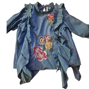 ZARA Embroidered Ruffled Denim Shirt Blouse Top Long Sleeve Women's XS - Picture 1 of 5