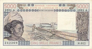 STATI DELL'AFRICA OCCIDENTALE (COSTA D'AVORIO) banconota 5000 franchi 1991 ottime condizioni + scelta molto bella - Foto 1 di 7