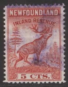 NEWFOUNDLAND NFR36 5c RED CARIBOU 1942 INLAND REVENUE STAMP LP12.0x12.0 USED - Picture 1 of 2
