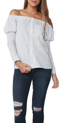 Camisa de popelina Bailey 44 Sovereign fuera del hombro, gris a rayas, pequeña - RV $168 Foto 1 de 4
