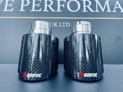 2 4.5" BLUE & BLACK CARBON FIBRE AKRAPOVIC EXHAUST TIPS UNIVERSAL STAINLESS - Image 1 of 4