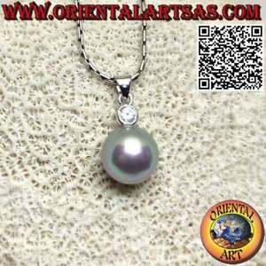 Ciondolo in argento con perla grigia e zircone tondo sfaccettato sopra