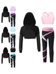Girls 3 Pcs Dance Sport Long Sleeve Hoodie Sweatshirts Tank Top with Legging Set - Picture 1 of 52