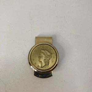 Vintage Gold-Plate Money Clip with Kellogg & Co. 1854 Liberty Head Faux Coin - Picture 1 of 6