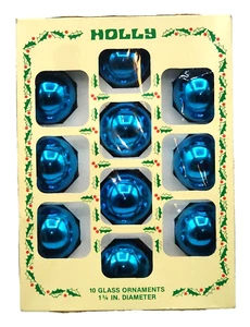 VTG GUC Holly Christmas Glass Ball Ornaments 1 3/4” Blue - 1 Box - Picture 1 of 4
